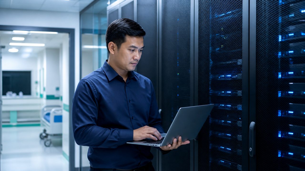 Administrator IT rumah sakit memantau infrastruktur server