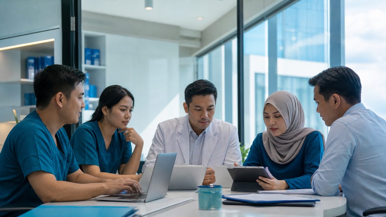 Tim rumah sakit mendiskusikan data operasional dan keuangan