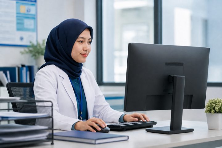 Tenaga klinis bekerja dengan SIMRS di meja kerjanya