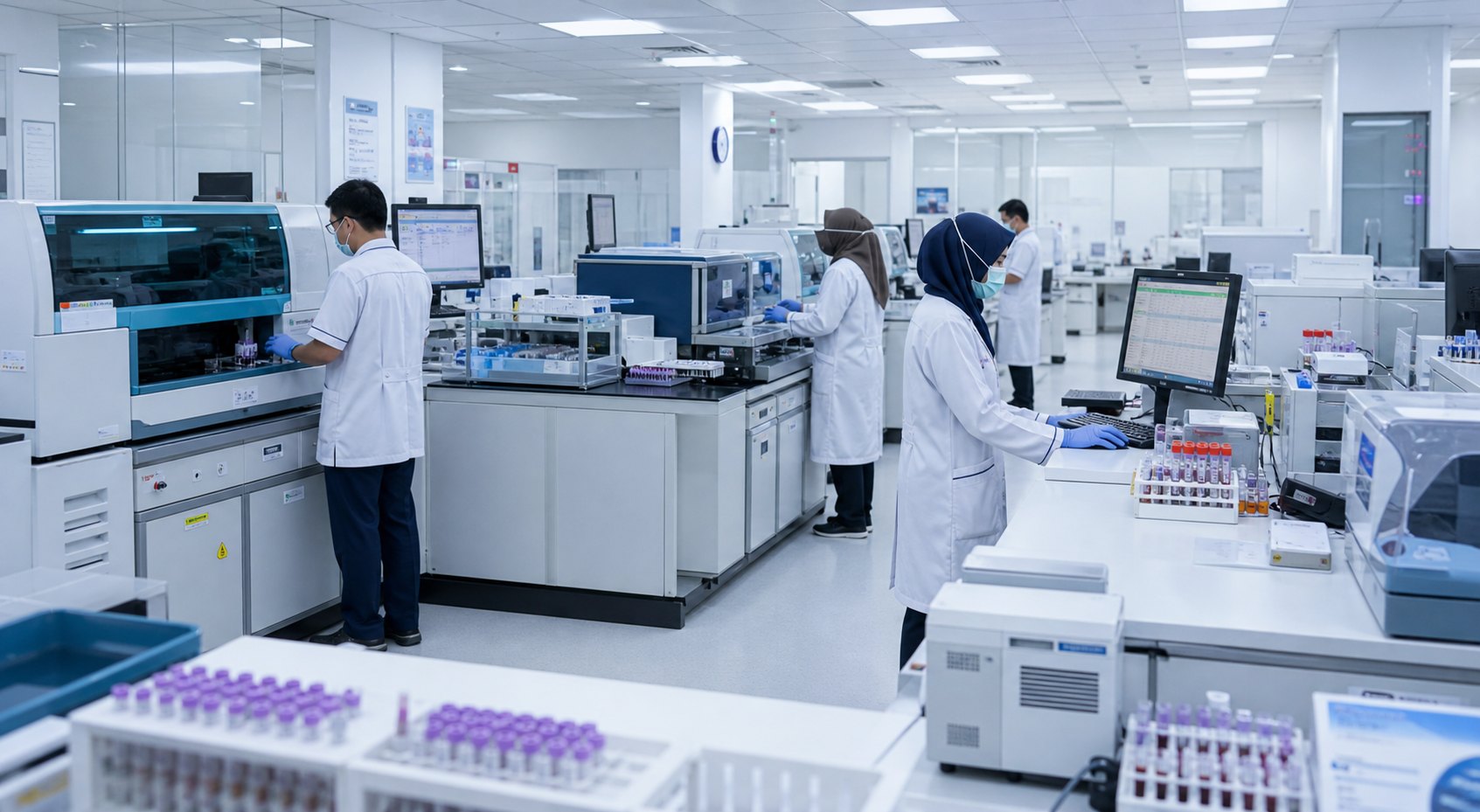 Laboratorium klinik modern dengan beberapa tenaga kesehatan dan analyzer otomatis