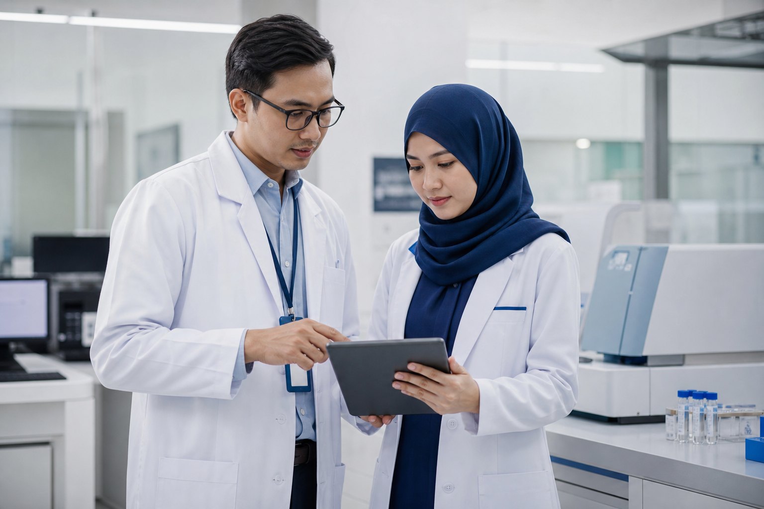 Dokter dan profesional laboratorium meninjau hasil laboratorium terverifikasi di tablet
