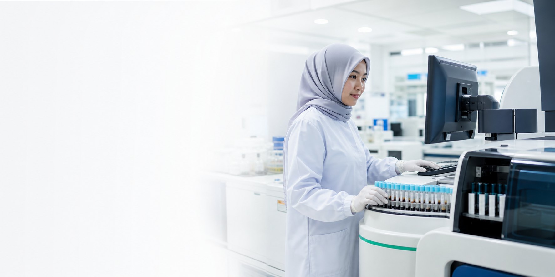 Tenaga laboratorium Indonesia mengoperasikan analyzer kimia klinik dengan workstation MediSyncLab