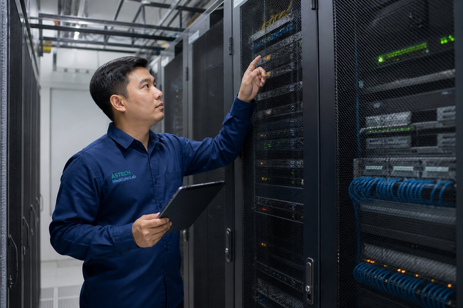 Engineer infrastruktur rumah sakit memeriksa server untuk sistem informasi laboratorium