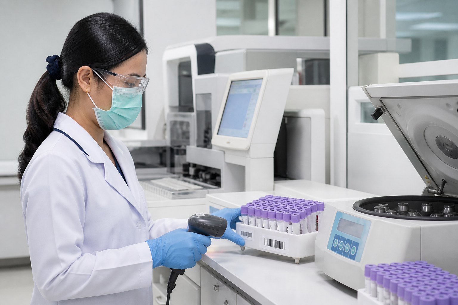 Petugas laboratorium memindai barcode specimen di dekat analyzer